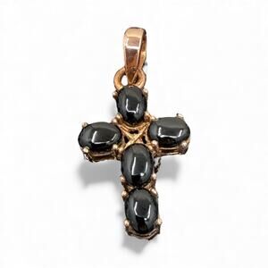 Natural Black Onyx Copper Cross Pendant Artisan Handmade - Chain Sold Separately